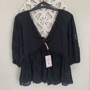 NWT Free People "Sweeter Side" Black Eyelet Peplum Blouse, Sz. XS